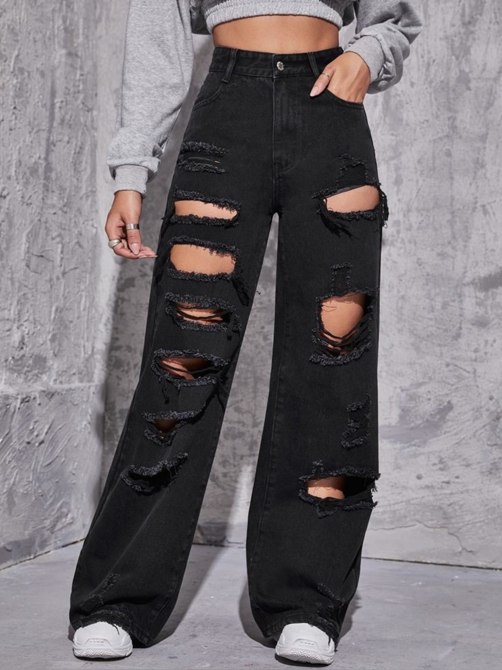 👖4/$20!👖Shein Fully-Distressed Leg Ripped Black Jeans